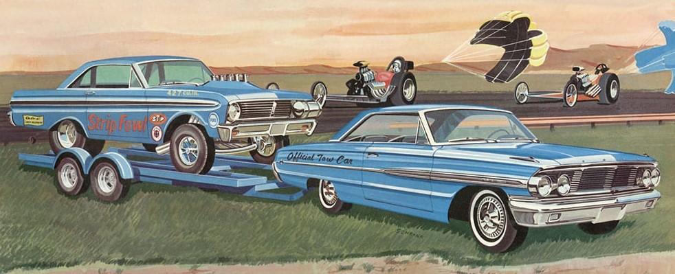 AMT Model Cars 1/25 Cal Drag Combo: 1964 Ford Galaxie, Falcon Funny Car & Trailer Kit Media 1 of 1